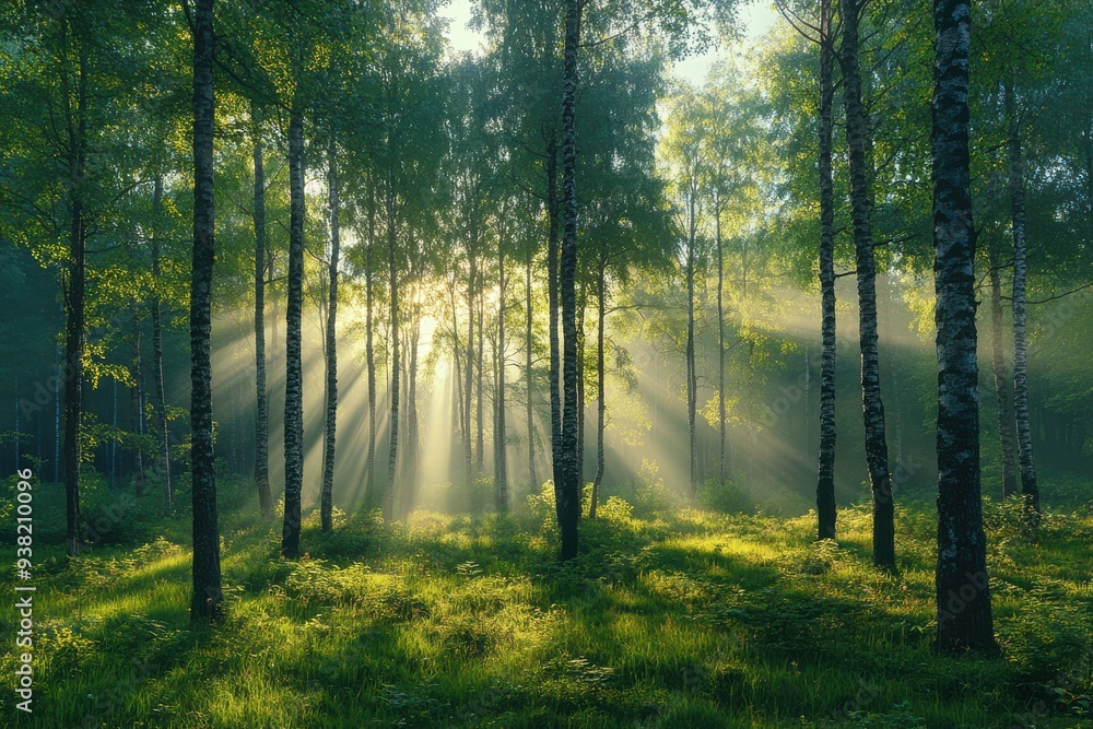 Obraz premium Serene Forest with Sun Rays and Mist