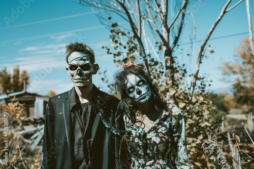 Couple dressed as Frankenstein's Monsters for Halloween, complete with homemade costumes, masks, and makeup, perfect for spooky celebrations