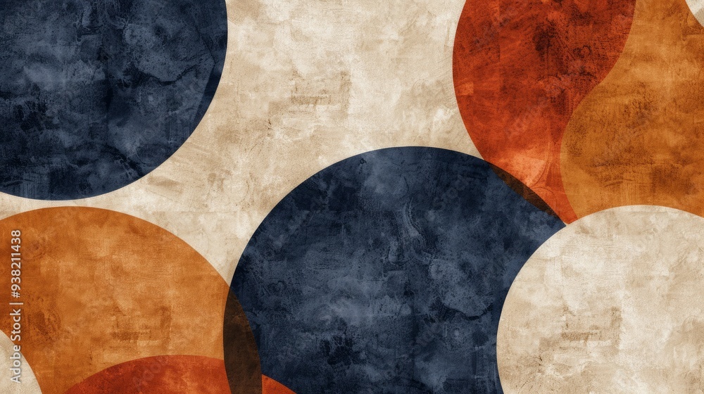 A mix of circular and amorphous shapes in beige, navy blue, and rust orange A mix of circular and amorphous shapes in beige, navy blue, and rust orange