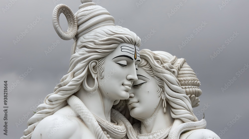 close-up of white marble sculpture of Hindu deities Shiva and Parvati close-up of white marble sculpture of Hindu deities Shiva and Parvati