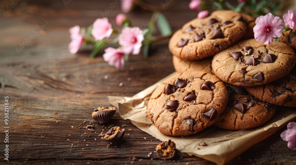 Chocolate chip cookies with copy space. Paper bag over a wooden table Chocolate chip cookies with copy space. Paper bag over a wooden table