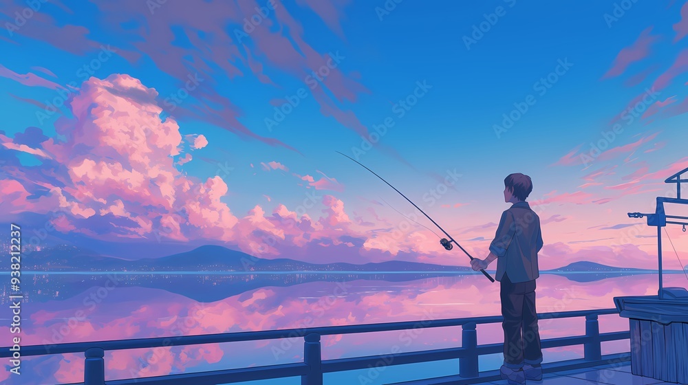 Young Asian boy fishing by a tranquil lake at sunset, surrounded by vibrant colors. Young Asian boy fishing by a tranquil lake at sunset, surrounded by vibrant colors.