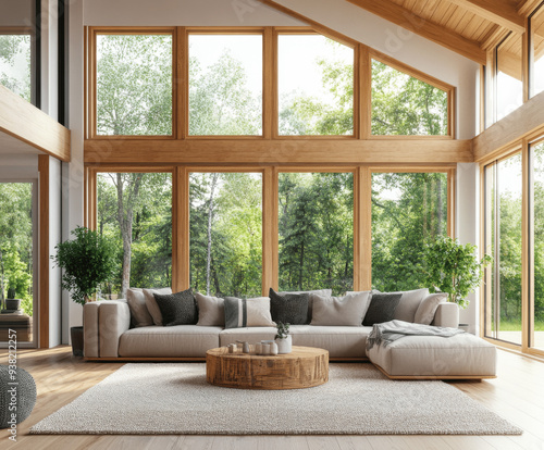 Modern Living Room with Wooden Accents and Large Windows, 3D Rendering