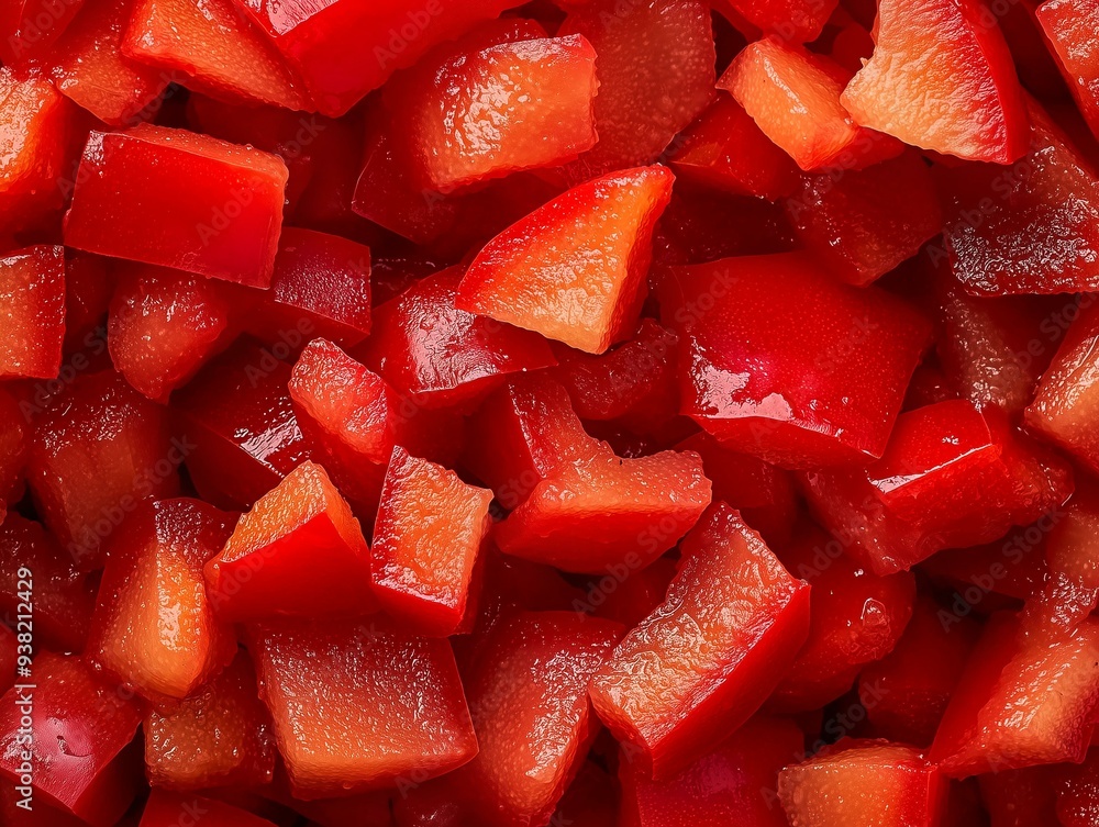 Overhead View of Diced Red Bell Pepper, Freshly Chopped Vegetable Cubes for Use in Healthy Cooking, Vegan and Raw Food Recipes, and Colorful Culinary Dishes Overhead View of Diced Red Bell Pepper, Freshly Chopped Vegetable Cubes for Use in Healthy Cooking, Vegan and Raw Food Recipes, and Colorful Culinary Dishes