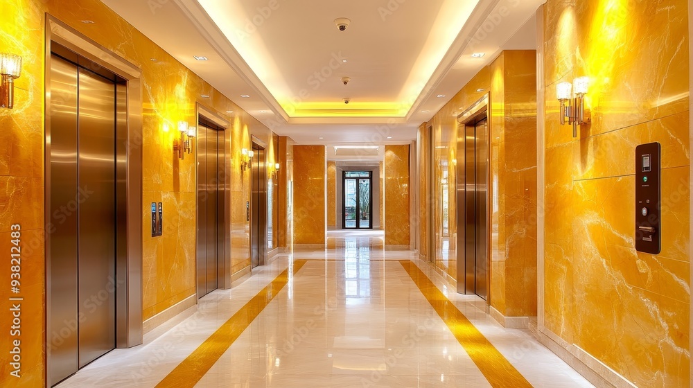 Golden Hallway Perspective Symmetrical View of Two Elevators in a Luxurious Building with Polished Marble Floors and Yellow Wall Tiles Golden Hallway Perspective Symmetrical View of Two Elevators in a Luxurious Building with Polished Marble Floors and Yellow Wall Tiles