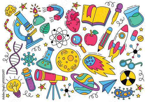 Science Doodle. Hand drawing styles of Science objects. Chemistry symbol line art