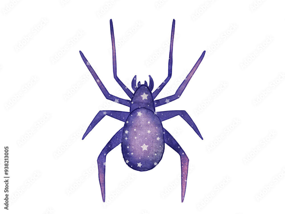 Cosmic Watercolor purple spider on white background with stars