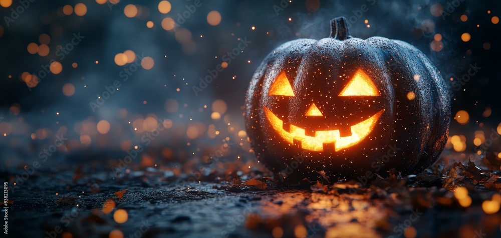 Fototapeta premium LowAngle View of a Glowing JackoLantern in a Mystical Forest Setting with Smoke and Bokeh Lights