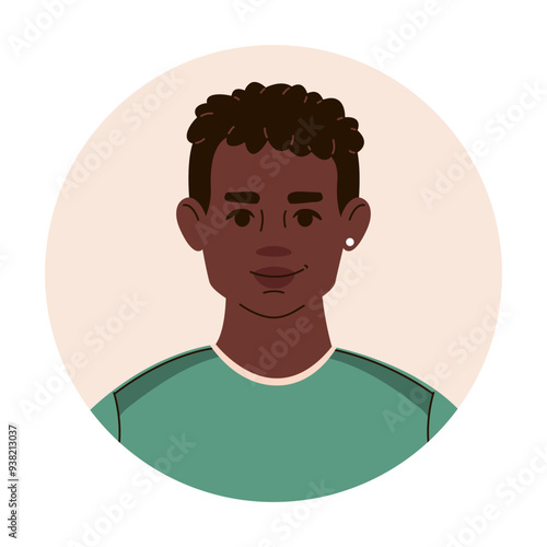 Head portrait of African American young man with earring in his ear. African teenage boy avatar for social media. Vector flat illustration