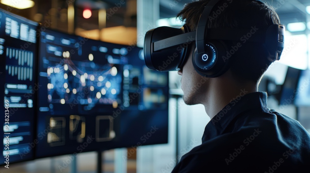A cybersecurity professional wearing a VR headset is engaged in a virtual training simulation. The digital landscape shows network nodes, firewalls, and simulated attacks. A cybersecurity professional wearing a VR headset is engaged in a virtual training simulation. The digital landscape shows network nodes, firewalls, and simulated attacks.