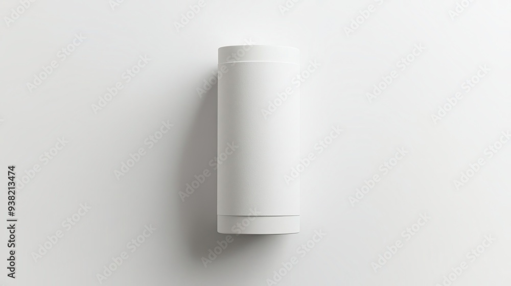 Elegant Birds Eye View of Tall Cylindrical Bottle with White Label on Gray Background Elegant Birds Eye View of Tall Cylindrical Bottle with White Label on Gray Background