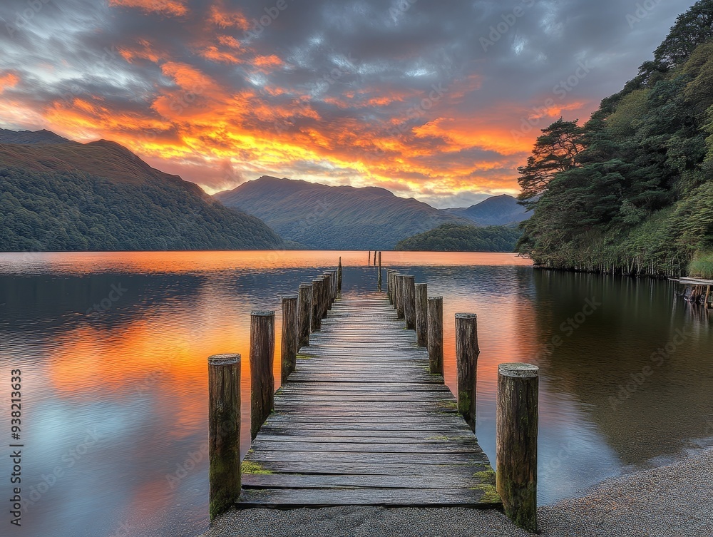 Fototapeta premium Serene Sunset Over Mountain Lake A lowangle perspective of a wooden pier extending towards a fiery sunset reflected in a tranquil lake surrounded by lush greenery