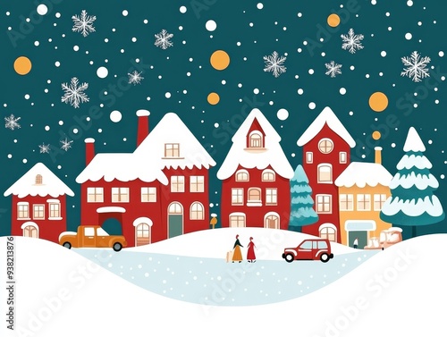 Wallpaper Mural Snowy Village Scene A Birds Eye View of Festive Houses and Snowy Landscape Featuring Two Women Walking and a Truck on a Winding Road Torontodigital.ca
