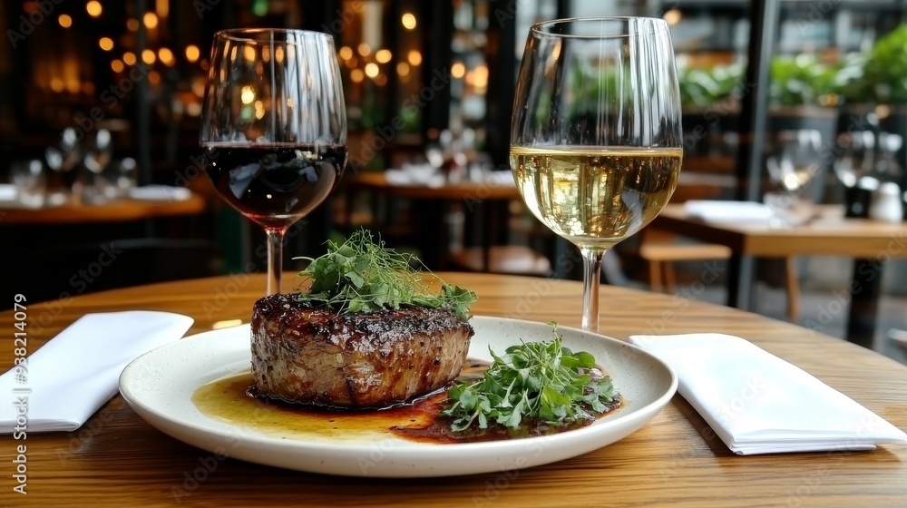 Steak and Wine A CloseUp Perspective of a Perfectly Cooked Steak with a Glass of Red Wine and a Glass of White Wine on a Wooden Table with Napkins Steak and Wine A CloseUp Perspective of a Perfectly Cooked Steak with a Glass of Red Wine and a Glass of White Wine on a Wooden Table with Napkins