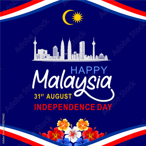 Malaysia Independence day 1957, Happy Independence day 2024, 31st August, 31 August, National Day, Independence Day, with flags, ribbons and hibiscus flowers vector illustration