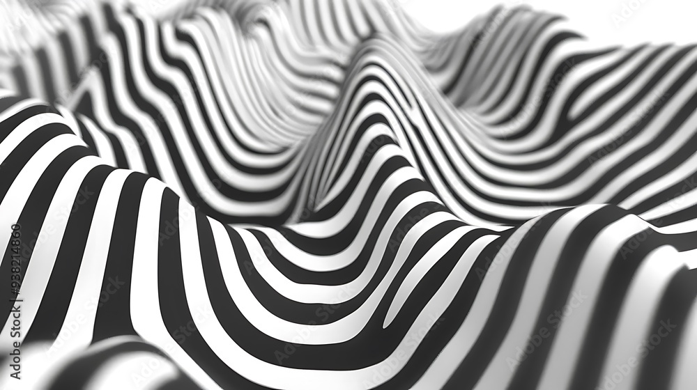 A wave-like pattern of black and white stripes creating a dynamic, abstract visual effect. A wave-like pattern of black and white stripes creating a dynamic, abstract visual effect.
