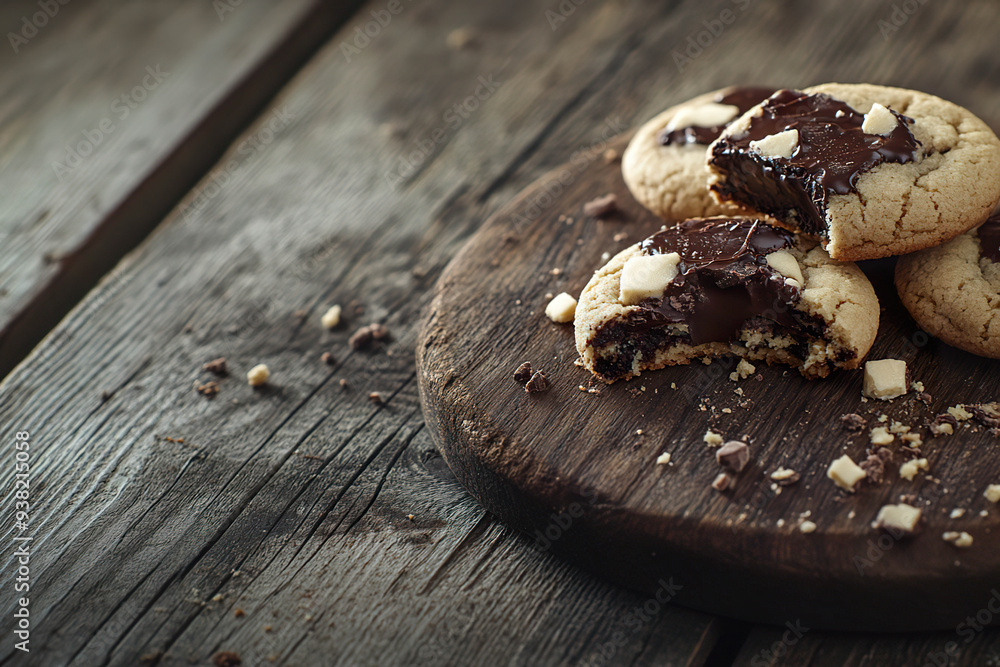 A close-up of chocolate chip cookies with a melted chocolate center. Generated by AI. A close-up of chocolate chip cookies with a melted chocolate center. Generated by AI.