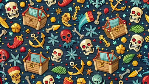 Colorful pirate-themed textile featuring skulls, anchors, and treasure chests in a repeating arrangement, perfect for wallpaper, fabric, or gift wrap designs. photo