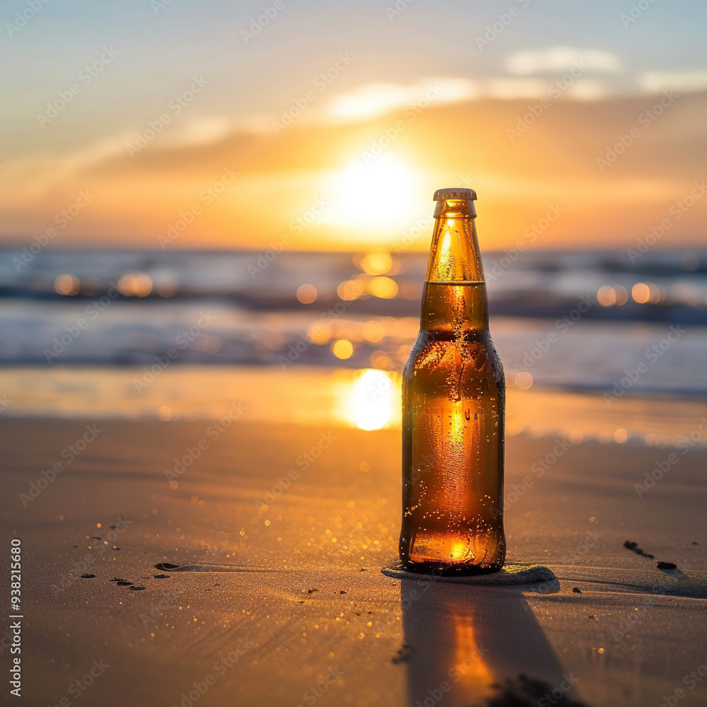 A chilled beer bottle on the sand with the sunset over the ocean behind it. Generated by AI. A chilled beer bottle on the sand with the sunset over the ocean behind it. Generated by AI.