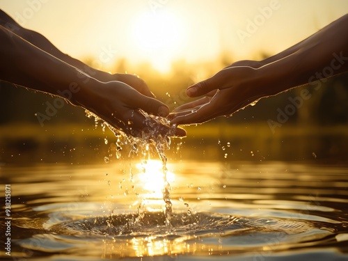 Pure water touched by hands at dusk, golden hour connection: twohands meeting over clean water pool, rippling rendezvous: a touch above the sunset waters.
 photo