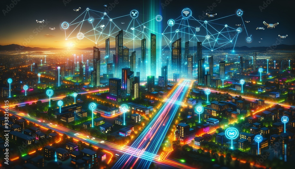 Fototapeta premium Futuristic Smart City with Autonomous Vehicles and IoT Networks.