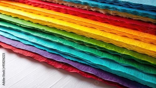 Colorful sheets of paper with rough edges overlap, creating a layered, textured effect, with subtle shadows and highlights, against a clean white background. photo