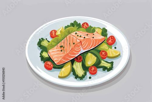 Sliced pieces of salmon and lemon on a white plate.