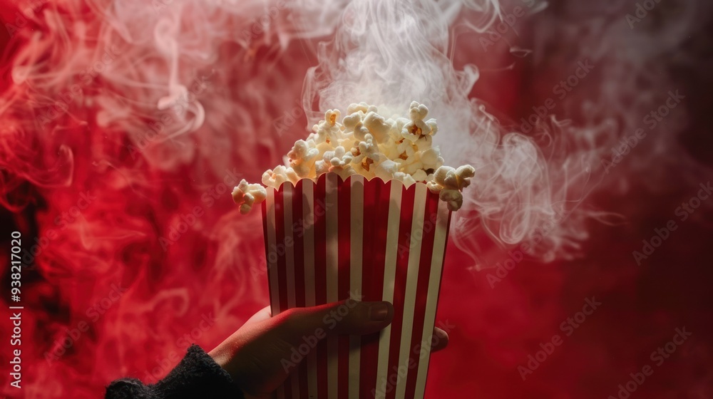 Hand holding a bucket of popcorn with smoke in a dark red background. Concept of cinema, movies, entertainment, snack Hand holding a bucket of popcorn with smoke in a dark red background. Concept of cinema, movies, entertainment, snack