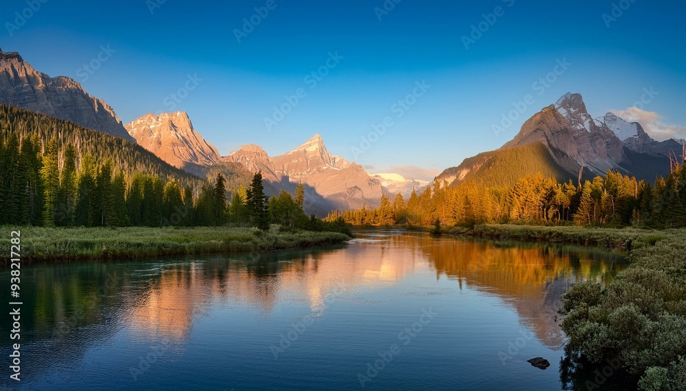 Majestic Mountain Landscape with Serene River at Sunrise Reflecting Tranquil Wilderness Majestic Mountain Landscape with Serene River at Sunrise Reflecting Tranquil Wilderness