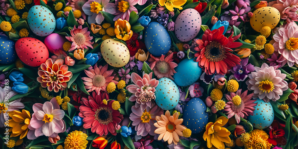 A blue background with colorful easter eggs and flowers.
A blue background with colorful easter eggs and flowers.