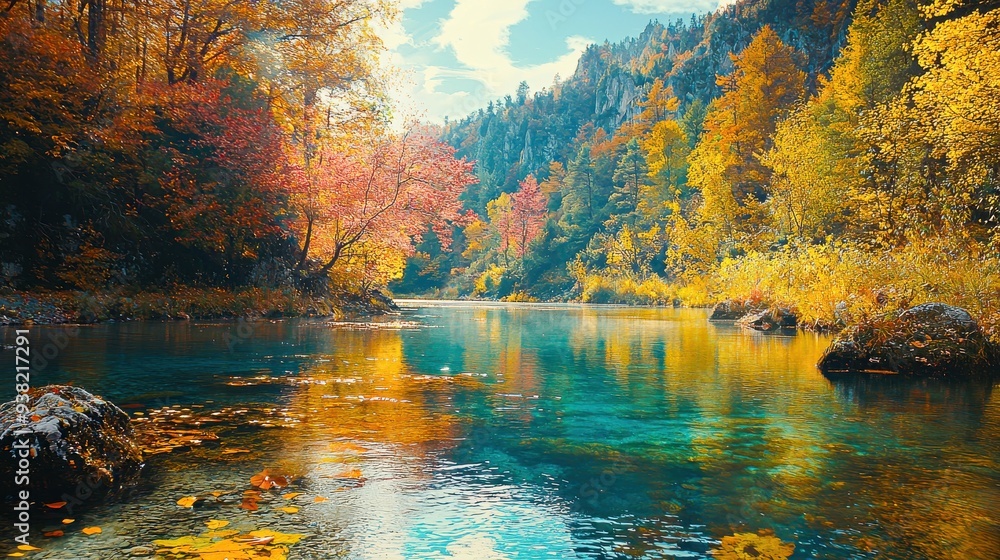 Naklejka premium A scenic fall landscape showcases vibrant trees, clear water, and clean air, free from pollution. The serene scene emphasizes the importance of preserving natural beauty and protecting the environment