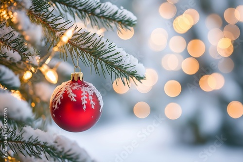 A red bauble hangs on a snow-covered Christmas tree branch, with festive bokeh lights in the background.