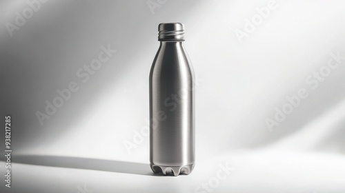 "Shiny stainless steel water bottle viewed from below against a white background"