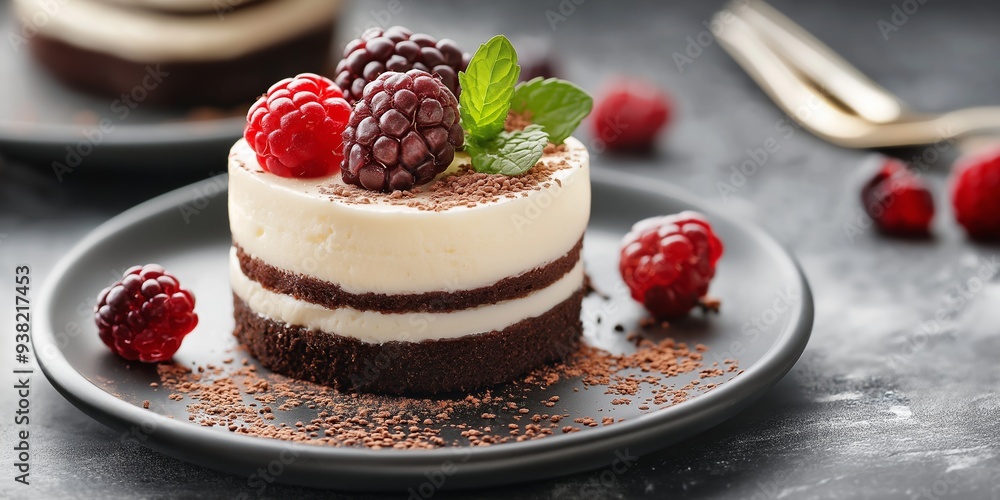 Sophisticated two-tier dessert combining creamy and chocolate layers, topped with raspberries and blackberries on a black plate. Sophisticated two-tier dessert combining creamy and chocolate layers, topped with raspberries and blackberries on a black plate.