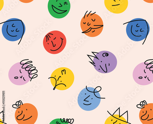 Round abstract comic faces with different emotions. Seamless background with colorful characters. Flat design. Ideal for printing, paper, fabric.