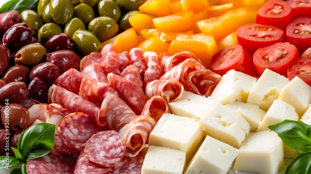 A colorful Italian antipasto platter with cured meats, assorted olives, cheeses, and fresh vegetables. A colorful Italian antipasto platter with cured meats, assorted olives, cheeses, and fresh vegetables.