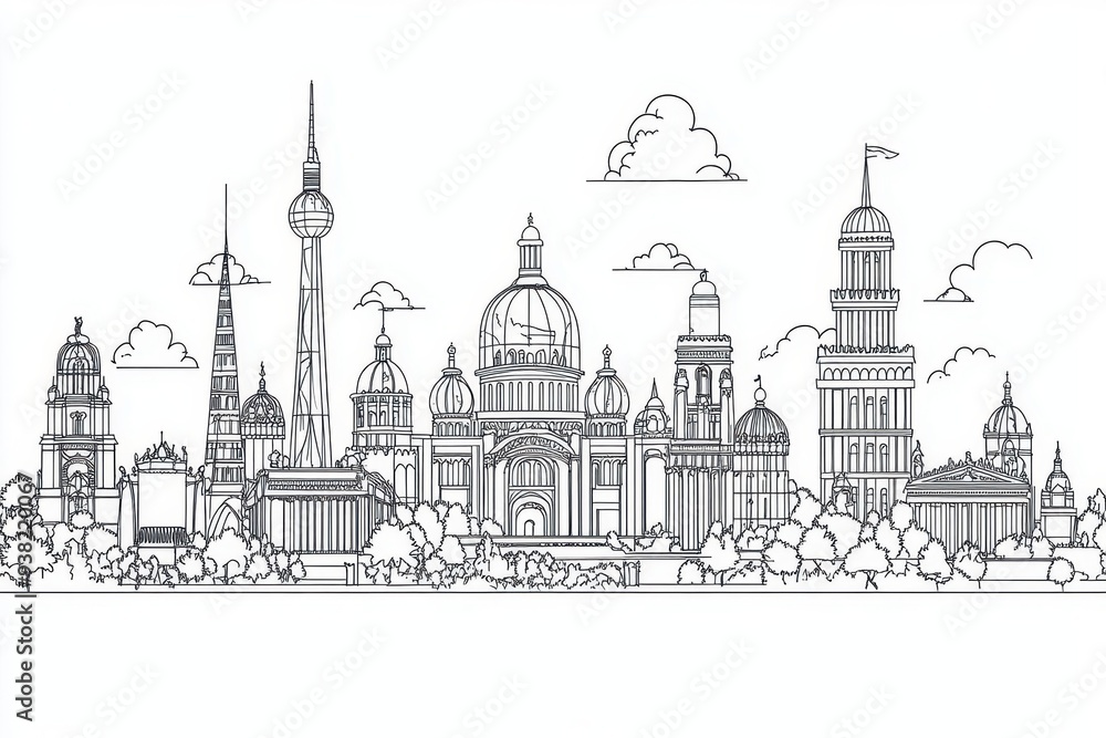 Obraz premium Line drawing illustration of famous world landmarks.