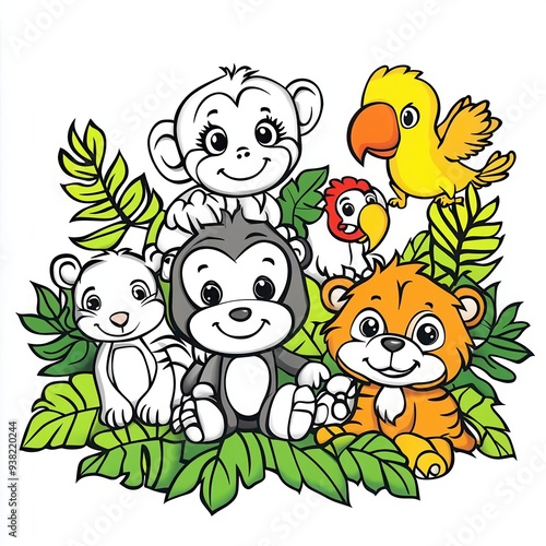 Cute cartoon animals in jungle setting.