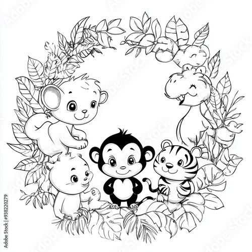 Cute cartoon animals in a jungle setting, perfect for coloring pages.