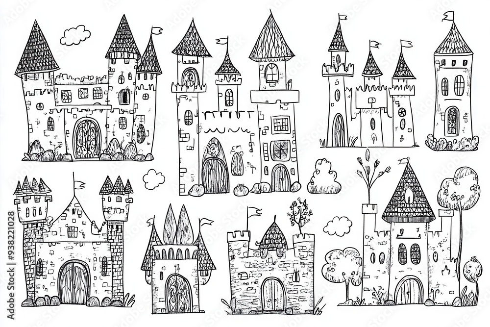 Whimsical fairy-tale castles and characters designed for children's fantasy coloring books Whimsical fairy-tale castles and characters designed for children's fantasy coloring books