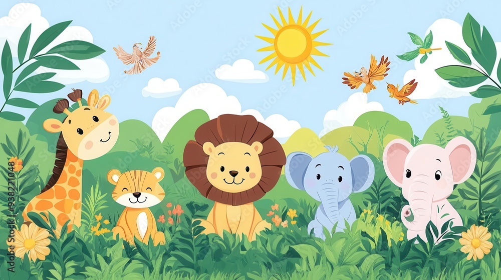 Naklejka premium Cute cartoon animals in a jungle setting.