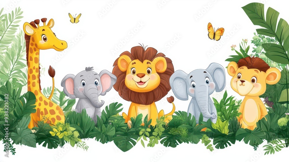 Naklejka premium Cute cartoon animals in the jungle: giraffe, lion, elephant, and lion cub.