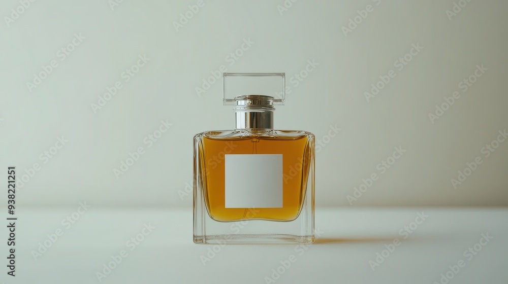 Elegant close-up of white-labeled perfume bottle with sleek design and shiny finish Elegant close-up of white-labeled perfume bottle with sleek design and shiny finish