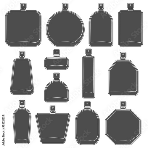Set of black and white illustration with bottle of perfume spray. Isolated vector object on white background.