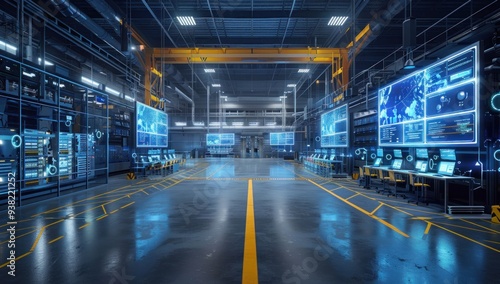 Modern warehouse with large screens displaying data and digital displays