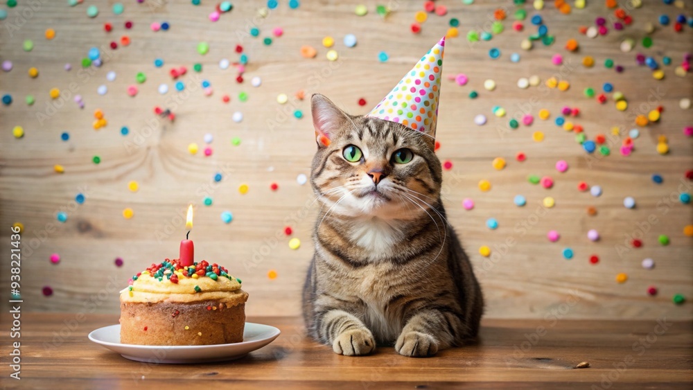 happy and funny cute cat wearing party hat celebrating birthday and Colored confetti flowing up and a birth day cake on wood table happy and funny cute cat wearing party hat celebrating birthday and Colored confetti flowing up and a birth day cake on wood table