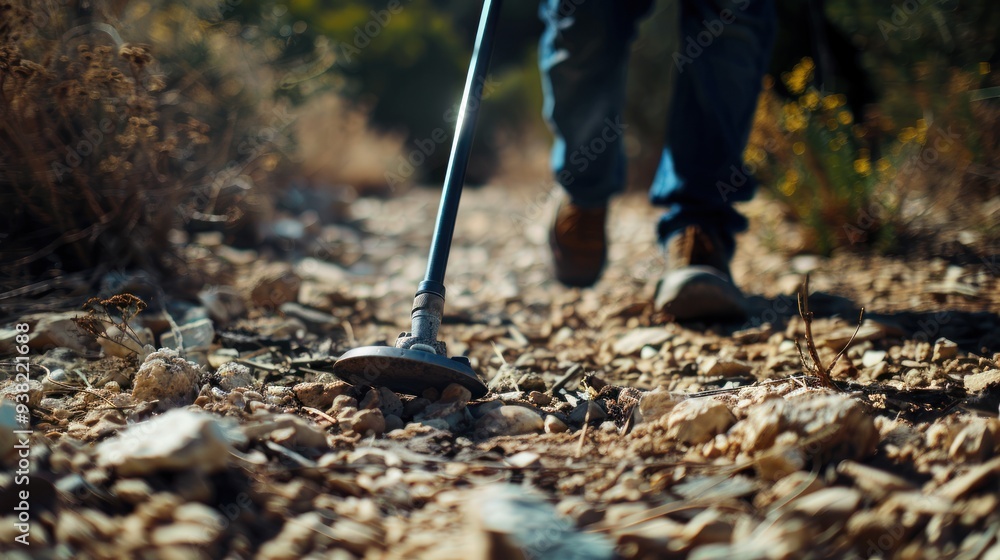Close up of person using trash grabber to pick up litter on rocky trail. Concept of environmentalism, sustainability, and community service. Close up of person using trash grabber to pick up litter on rocky trail. Concept of environmentalism, sustainability, and community service.