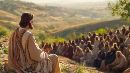 Wallpaper Mural A serene portrayal of Jesus delivering the Sermon on the Mount, surrounded by a diverse, attentive crowd on a hilltop.  Torontodigital.ca