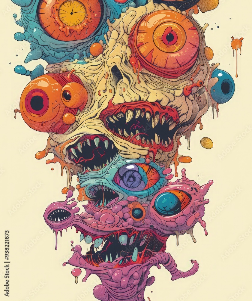 hand drawn monster illustration for full print t-shirt design, outline style, hyper maximalism, heavy composition. hand drawn monster illustration for full print t-shirt design, outline style, hyper maximalism, heavy composition.