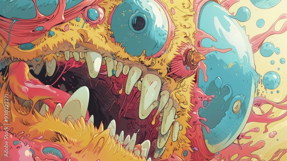 hand drawn monster illustration for full print t-shirt design, outline style, hyper maximalism, heavy composition. hand drawn monster illustration for full print t-shirt design, outline style, hyper maximalism, heavy composition.